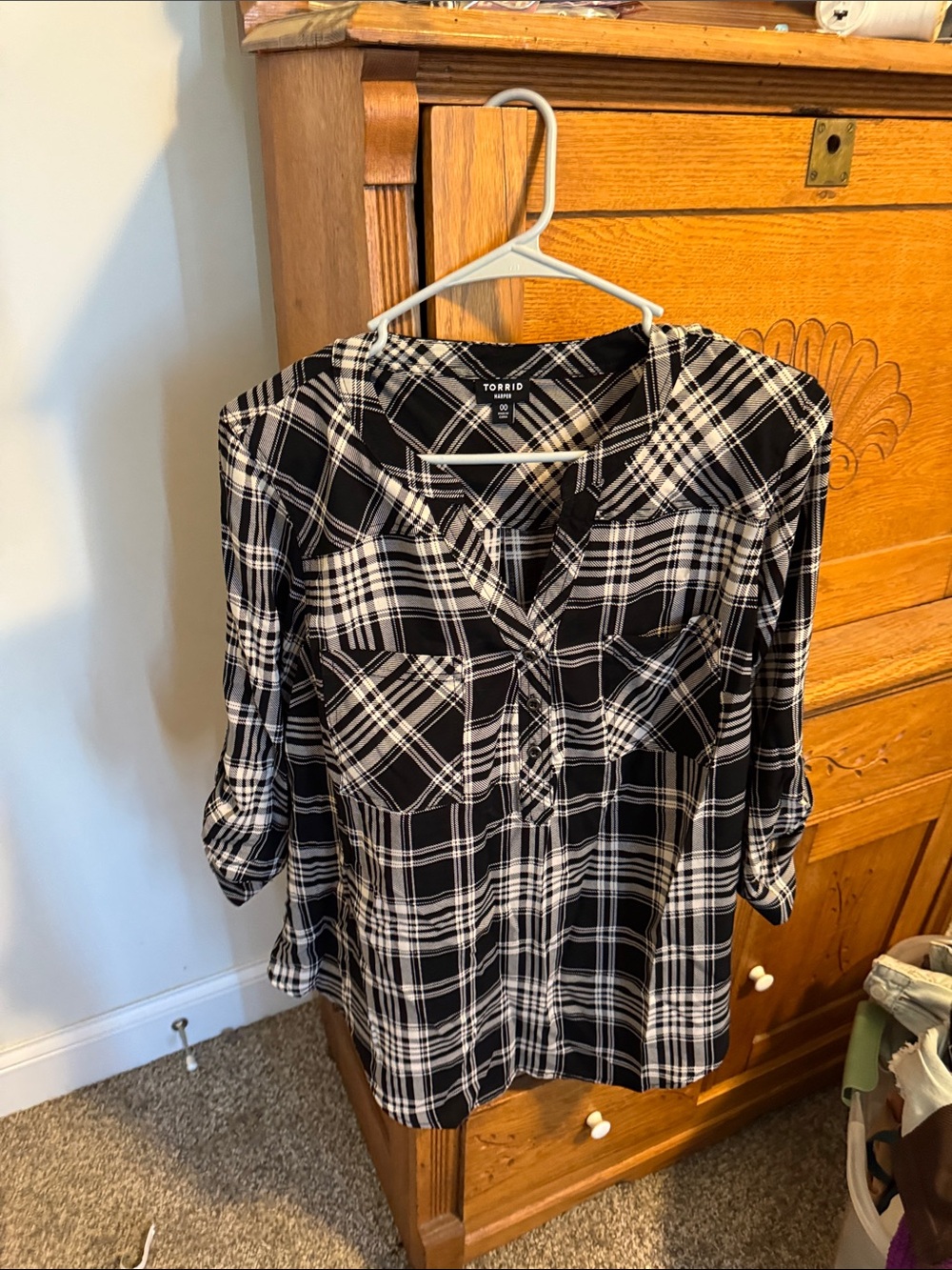 torrid Black & White Plaid Roll-Tab Button-Down Shirt